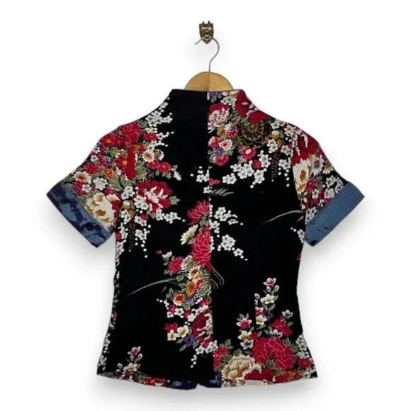 Womens Cotton Linen Short Sleeve Chinese Shirt with Flower Print Size M - Picture 12 of 16